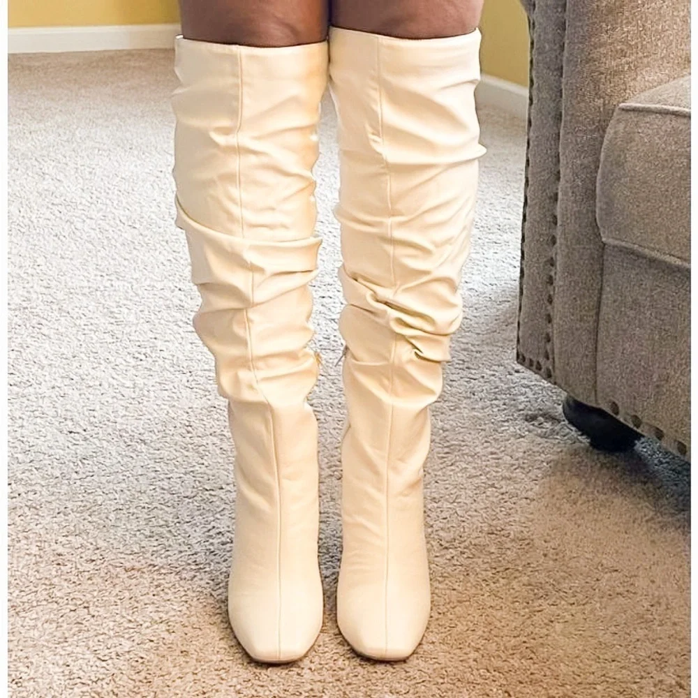 Journee Collection Cream Slouchy Over the Knee Boots